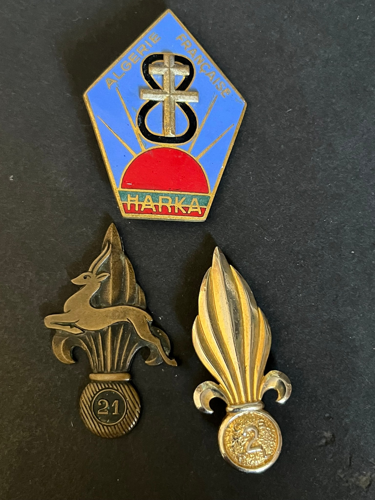FRANCE LEGION SAHARA. France Foreign Legion Sahara: Lot 3 pieces Insigne 21 CPLE numerote Drago (attache absente) Flamme de beret de la 2eme CSPL Drago Paris Harka 8 Drago Paris. Lot of 3 pieces consisting of 21st CPLE insignia numbered Drago with miss