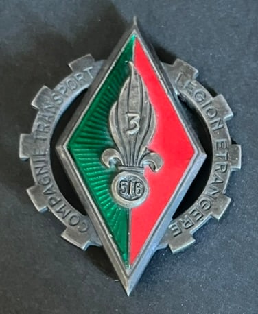 FRANCE LEGION TRAIN. France Foreign Legion transport: Insigne ARGENT Compagnie de Transport LE 3-516 Drago OM. Transport Company LE 3 516 insignia in silver Drago OM