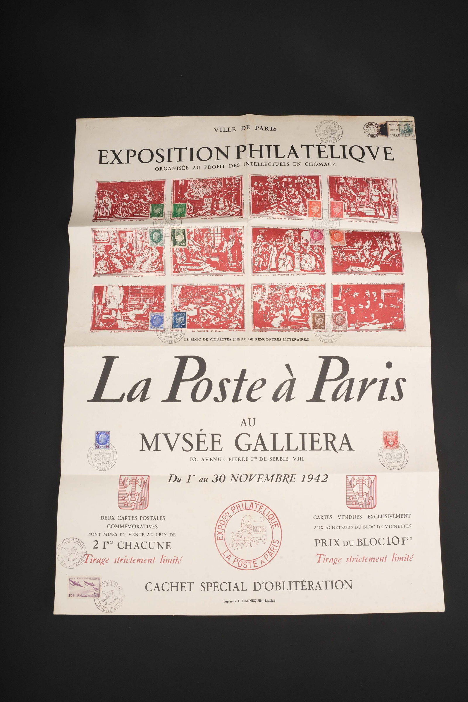 Exposition Philatelique. Philatelic exhibition.: Exposition Philatelique. En papier et en couleur. Texte en francais. Organisee a la Poste a Paris au Musee Galliera en novembre 1942. Imprimerie Hannequin Levallois. Dimensions 45 x 60 cm. A noter