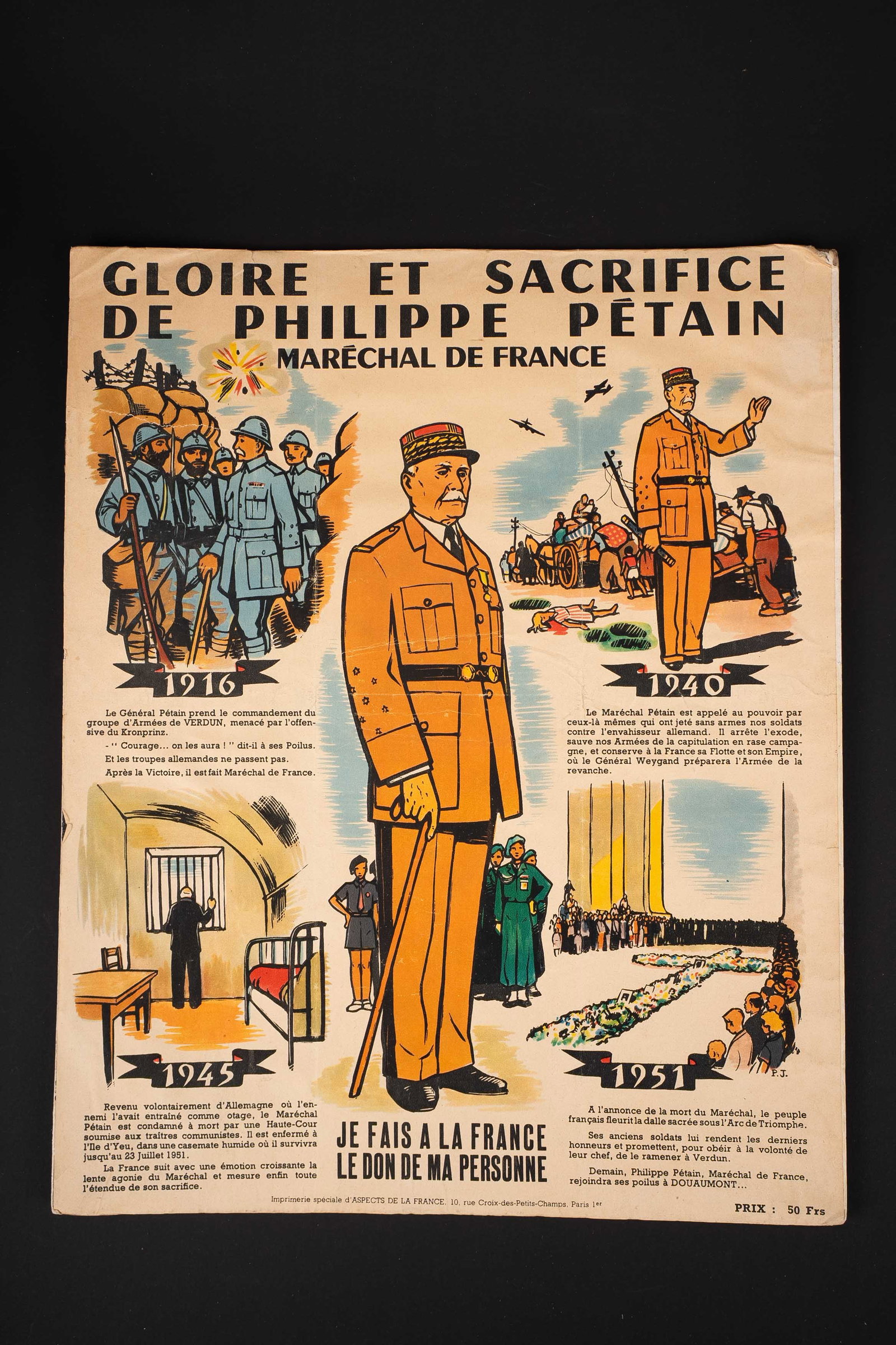 Gloire et sacrifice de Philippe Petain. Glory and sacrifice of Philippe Petain.: Gloire et sacrifice de Philippe Petain. Sur carton. Dimension 60 x 40 cm. Imprimerie speciale d Aspects de la France. A noter une certaine usure et patine de la piece. Etat II+. Glory and sacrifice