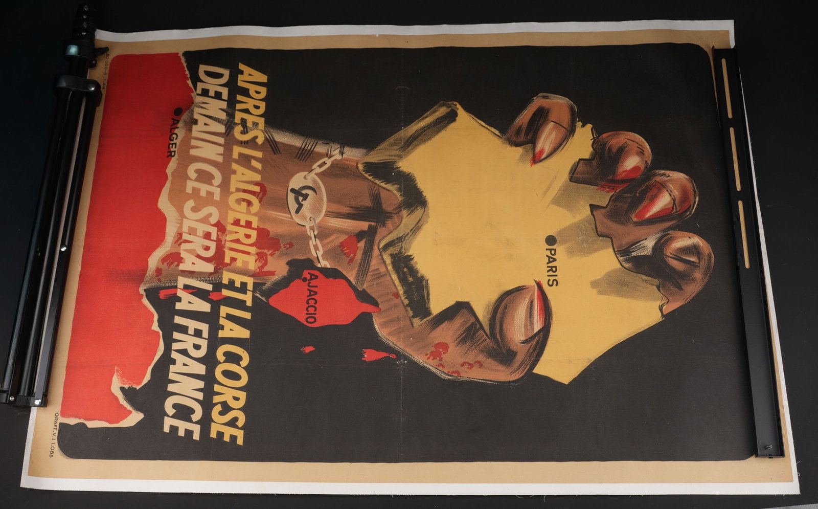Apres l Algerie et la Corse. After Algeria and Corsica.: Apres l Algerie et la Corse, demain ce sera la France. Affiche en papier et en couleur. Texte en francais. Publication de janvier 1944. Marquages 30000 5 1 44 et Oraff VI 1085. Dimensions 80 x 120
