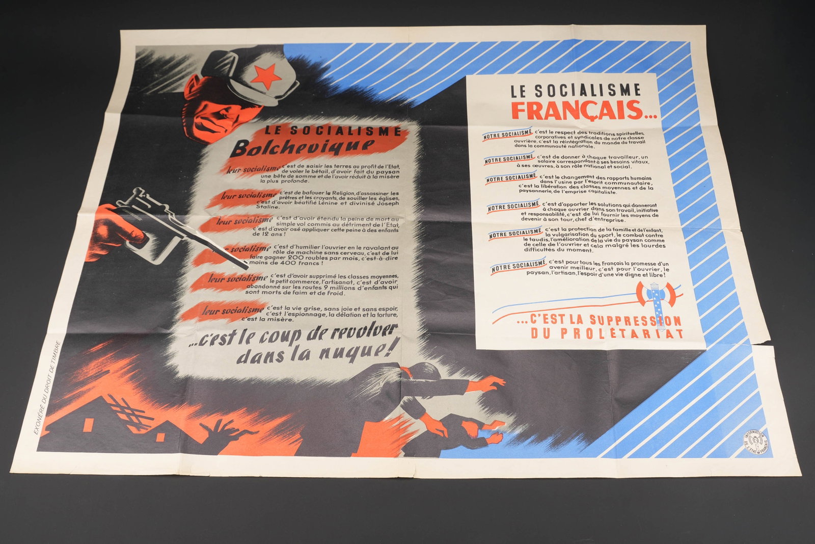 Le socialisme francais. French socialism.: Le socialisme francais. Affiche en papier et en couleur. Texte en francais. Dimensions 80 x 120 cm. Information de l Etat Francais. A noter une certaine usure et patine de la piece, ainsi que quelques