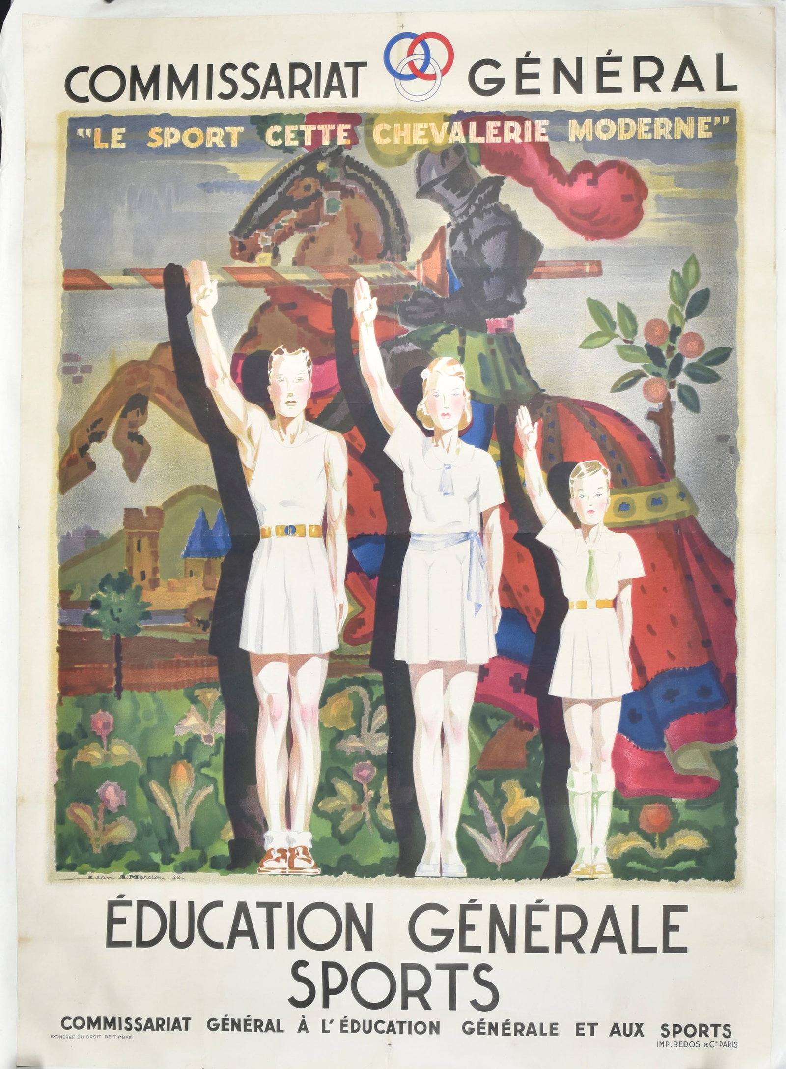 Commissariat aux sports. Commissariat for Sports.: Commissariat aux sports. En papier et en couleur. Texte en francais. Design de Jean A Mercier 1940. Imp Bedos & Cie Paris. Entoilee. Dimensions 120 x 160 cm. A noter une certaine usure et patine de la