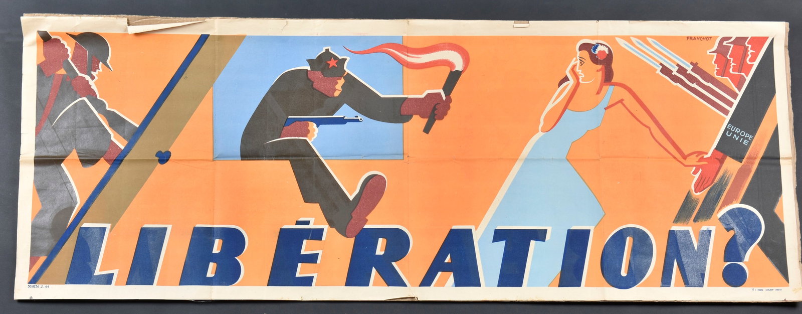 Affiche Liberation. Liberation poster.: Affiche Liberation. En papier et en couleur. Texte en francais. Design par Franchot. VI 1090 Oraff Paris 30 02 34 2 44. Dimensions 75 x 180 cm. A noter une certaine usure et patine de la piece, ainsi 