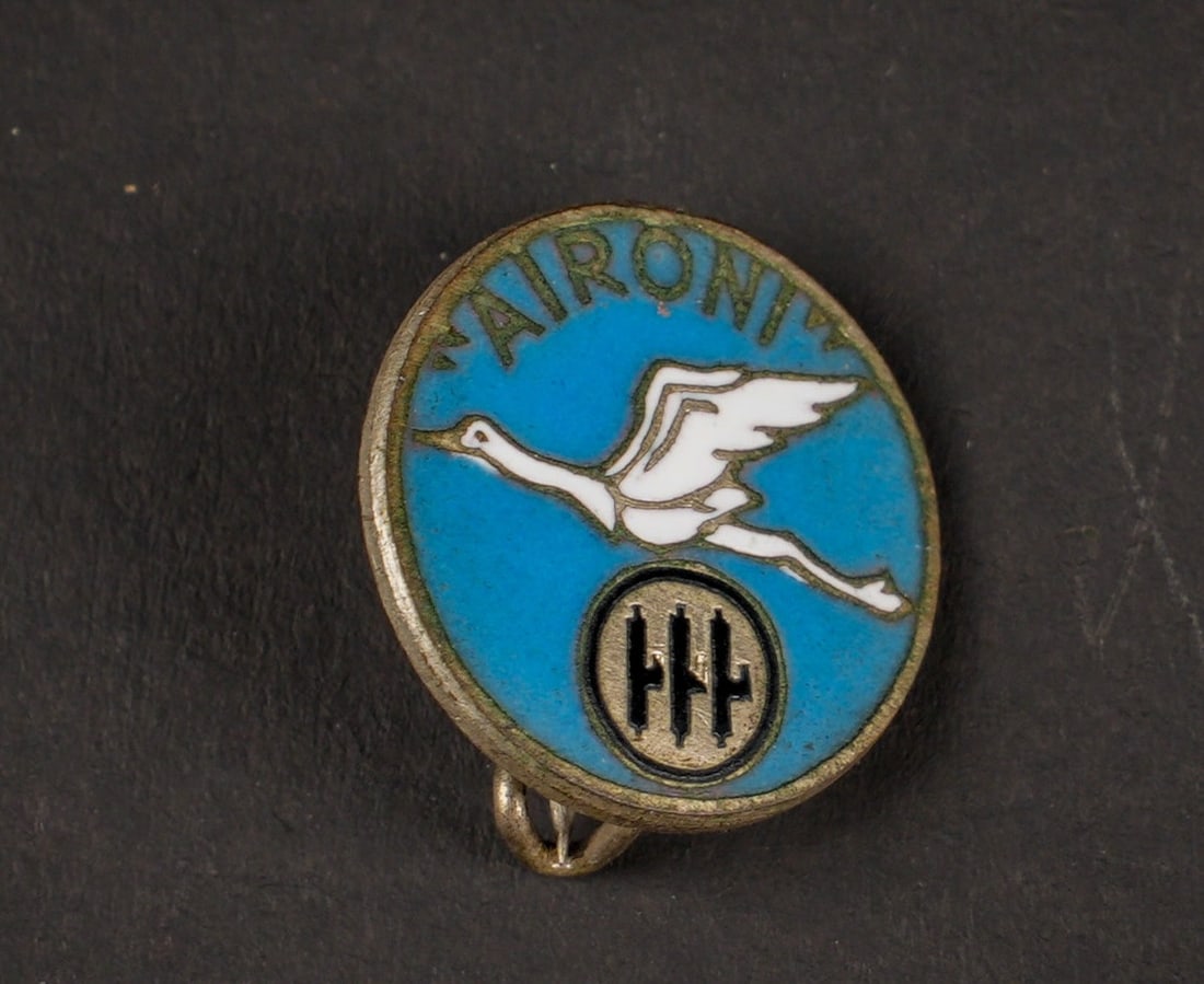Insigne AIRONI REPARTI REGIA AERONAUTICA. AIRONI REPARTI REGIA AERONAUTICA insignia.: Insigne AIRONI REPARTI REGIA AERONAUTICA. En metal emaille. Attache complete. Sans marquages fabricant. L insigne des Herons (Aironi) fait reference a l une des unites de bombardement les plus prestig
