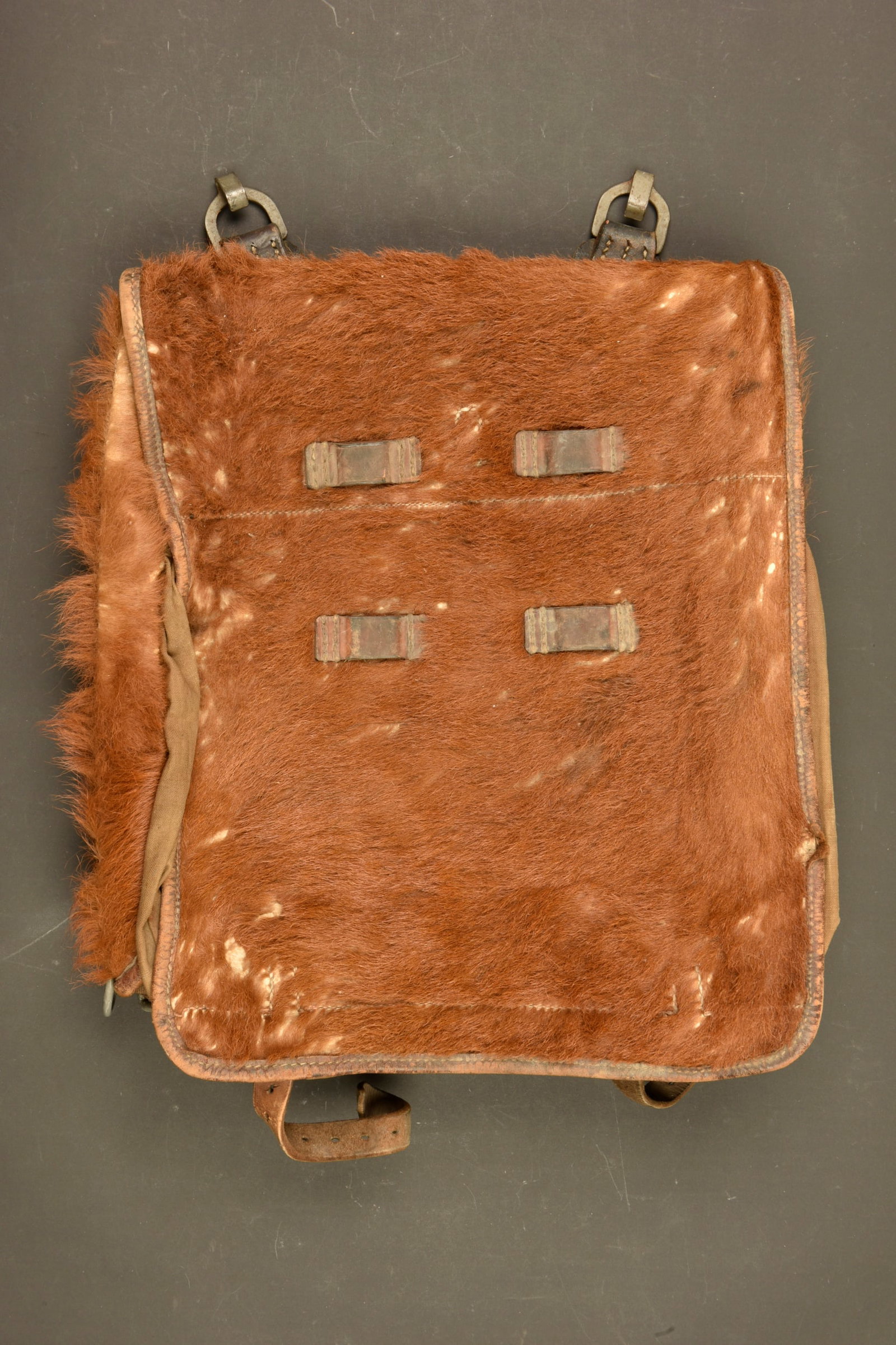 Sac a dos poils de vache. German Cowhide backpack.: Sac a dos poils de vache. En epais tissu Feldgrau. La majorite des sangles sont presentes. Rabat recouvert de poils de vache rousse. Les bretelles sont absentes. Marquages interne AD ABT 7. Fabricatio