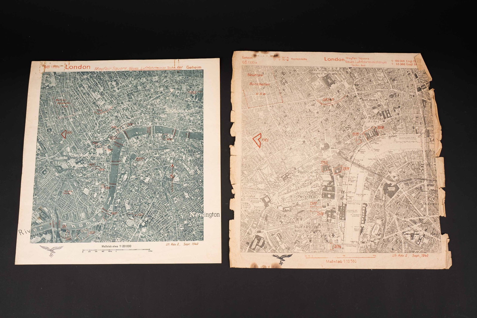 Ordres de mission LW. Luftwaffe mission orders.: Ordres de mission de la Luftwaffe concernant les bombardements sur en Angleterre. Comprenant un feuillet marque GB 1212B London Mayfair Square Neues Luftfahrtminist Techn Amt Geheim, Lfl KDO Sept
