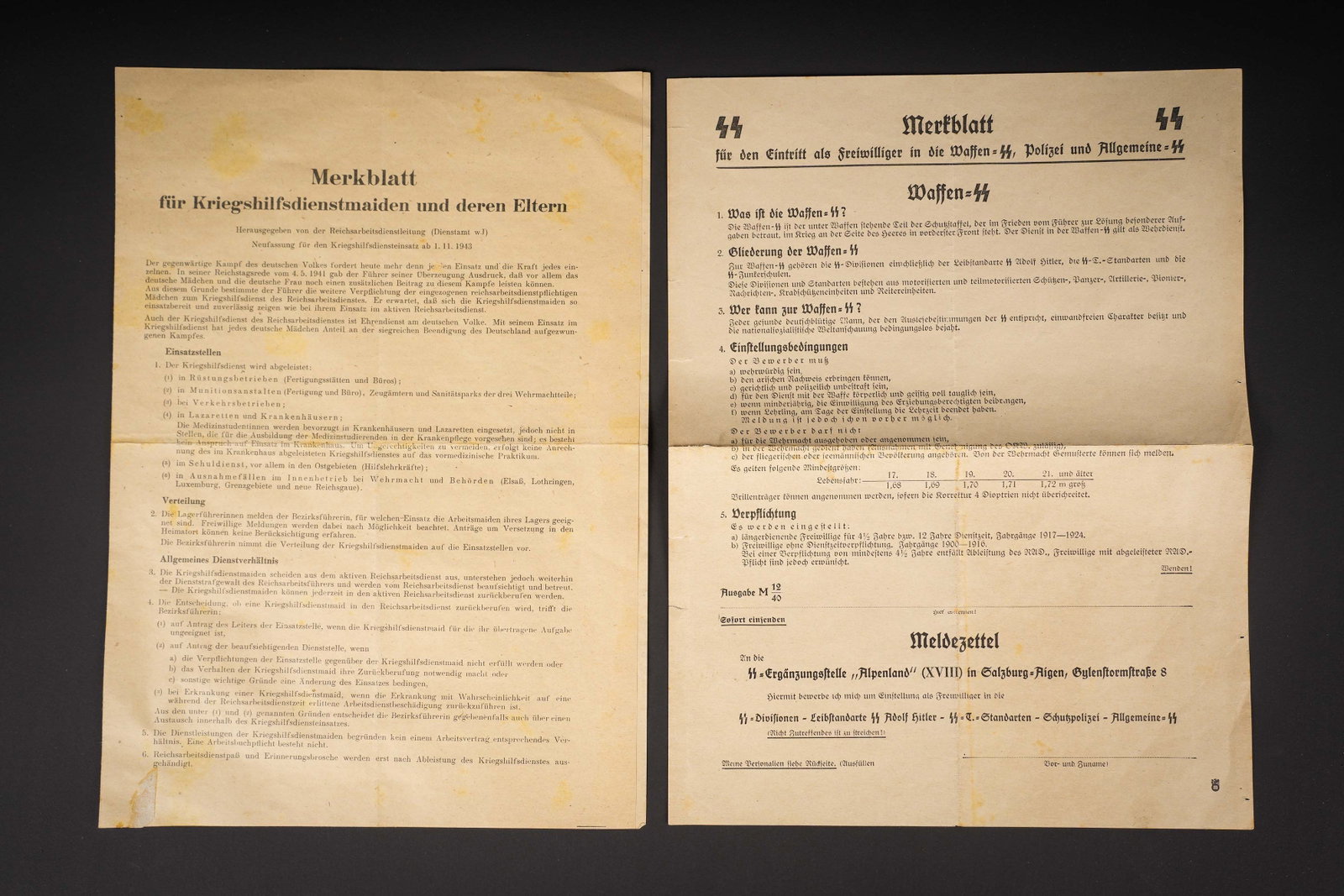 Brochure d engagement dans la SS VT. SS-VT enlistment brochure.: Brochure d engagement dans la SS VT. Deux documents en papier. Le premier est marque Merblatt SS fur den Entritt als Freiwilliger in die waffen SS Polizei und Allegemeine SS. Un second document marque