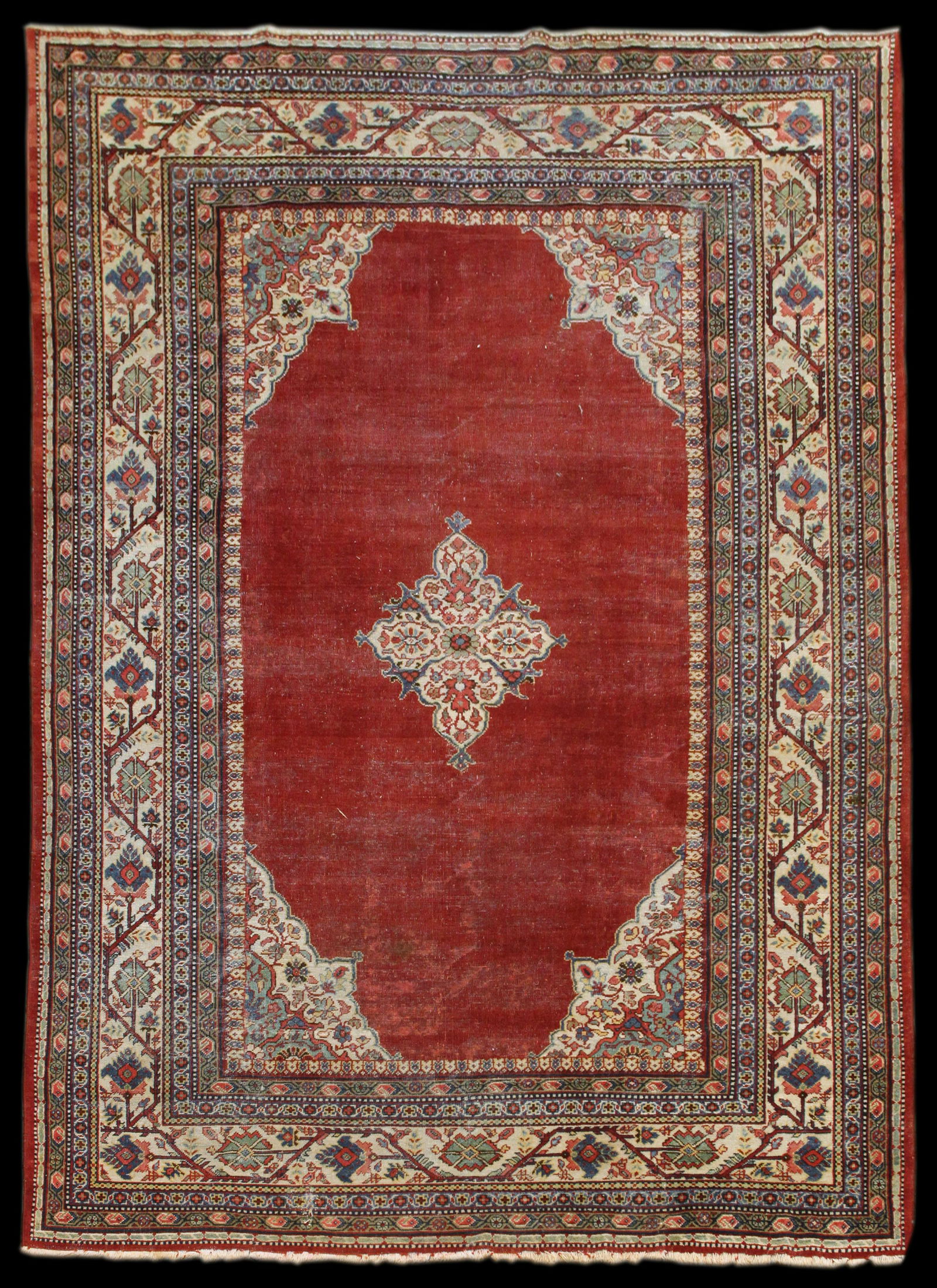 Antique (c. 1910) 11' 0" x 8' 0" Persian Mahal Area Rug: Antique (c. 1910) 11' 0" x 8' 0" Persian Mahal hand-knotted area rug. Scattered pest damage, previous end work; knots down to foundation in areas. This is a really nice, old, Persian Mahal. It's extre