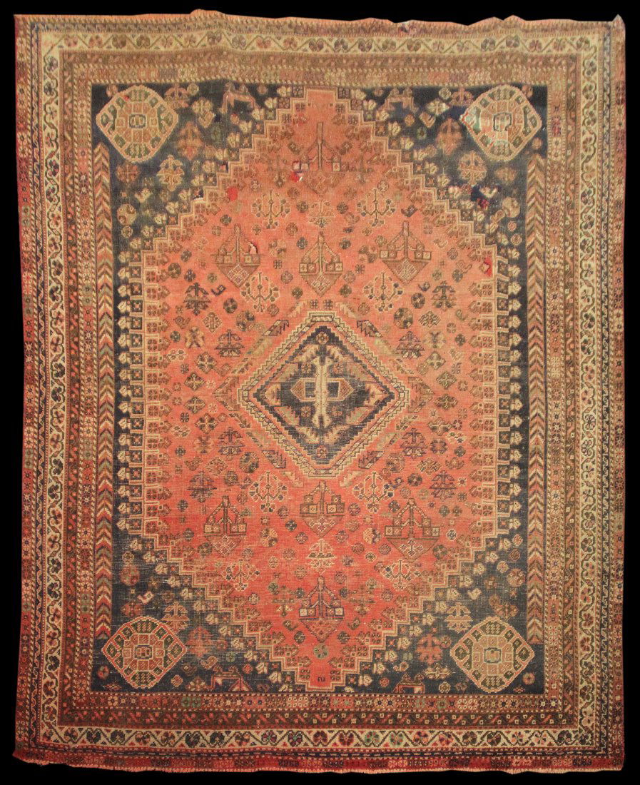 Antique 8' 9" x 6' 11" SW Persian: Antique 8' 9" x 6' 11" SW Persian tribal rug. This rugs has been patched and repaired throughout. A sign of love! Fine Estate Rugs was a full service, retail handmade rug & carpet dealer in Indianapol