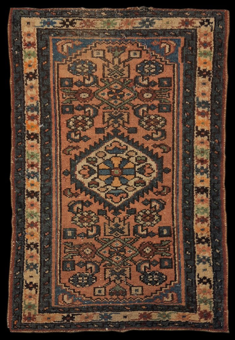 Semi-Antique 2' 11" x 1' 11" Persian Hamadan: Semi-Antique 2' 11" x 1' 11" Persian Hamadan. This rug has scattered pest damage. Fine Estate Rugs was a full service, retail handmade rug & carpet dealer in Indianapolis, IN from 2005-2020. When the