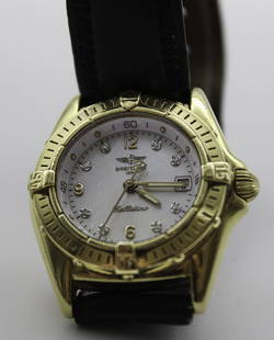 18K Breitling Callistino Diamond Accented watch: ----DESCRIPTION---- A beautiful Breitling Callistino 18K MOP K52045.1 Dial Diamond hour marks, ORINGINAL Gold Clasp, ORIGINAL leather band minor scratch marks ----- DETAIL ----- MAKE: Breitling