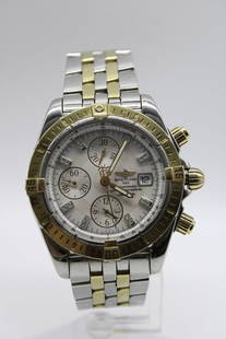 18K Breitling Chronograph c13356 watch: ----DESCRIPTION---- A gorgeous Breitling Chronograph two tone MOP dial with automatic movement. Comes with ORIGINAL box and papers. ----- DETAIL ----- MAKE: Breitling MODEL // Chronograph REF.