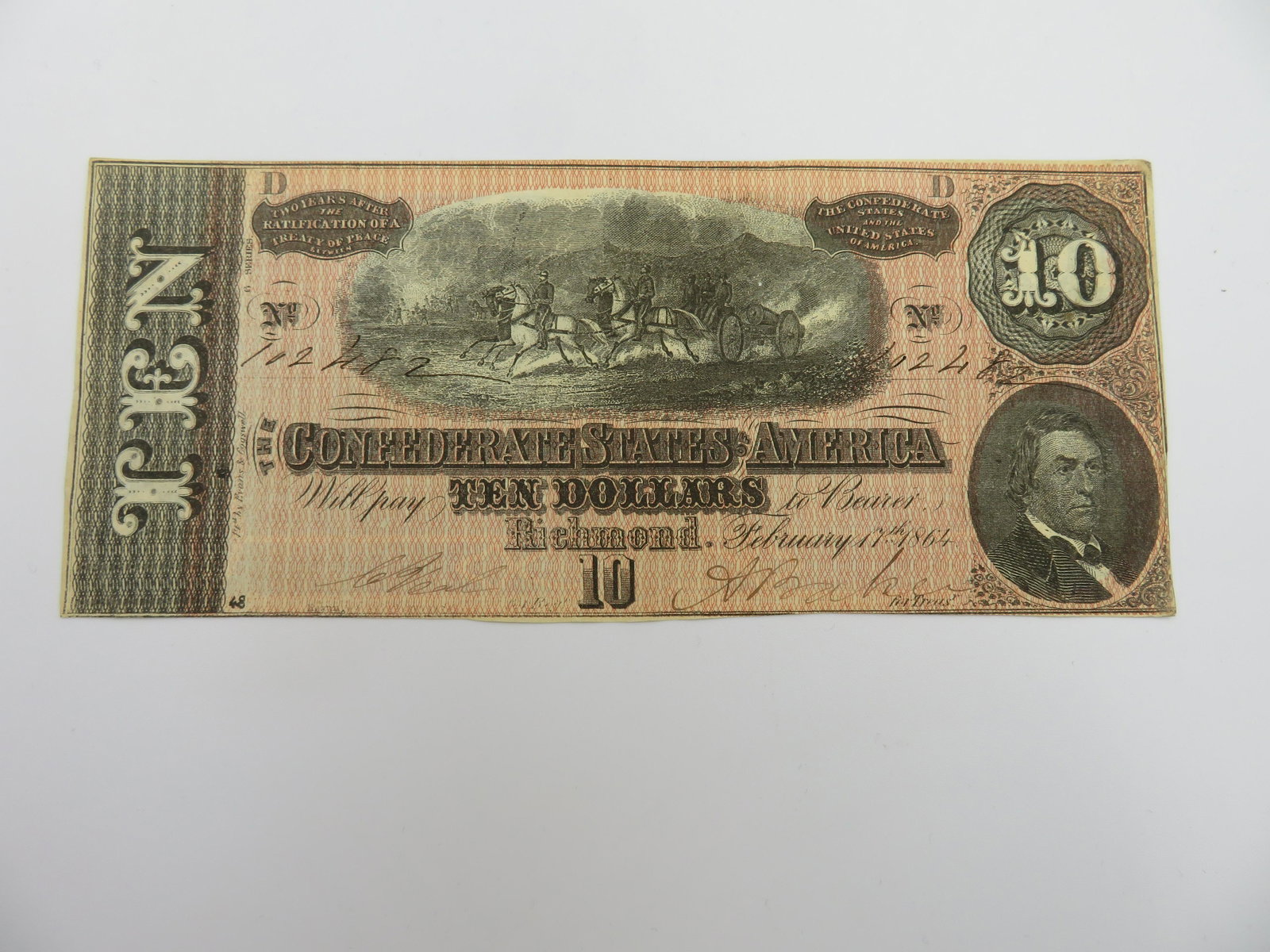1864 $10 Confederate States of America Banknote: No. 102482, Richmond February 11 1864, Series D