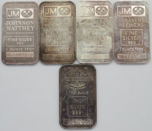 Lot of 5 - 1 Oz Troy .999 Fine Silver Johnson Matthey Bullions (1 of 11)