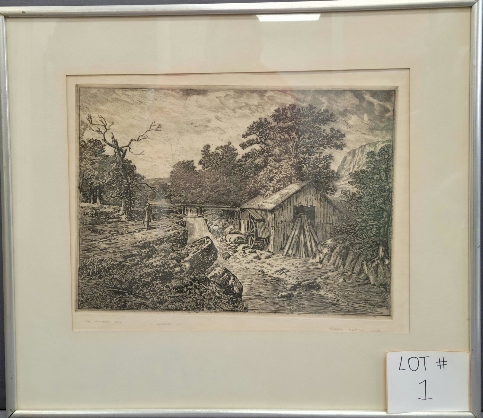 Homer Ransford Watson, (Canadian, 1855-1936): Etching on paper under glass, : The Pioneer Mill, showing a sawmill with a bridge to the background.Man looking at the stream. Signed, titled and numbered in pencil to the margin. Image size: 11.5&rdq