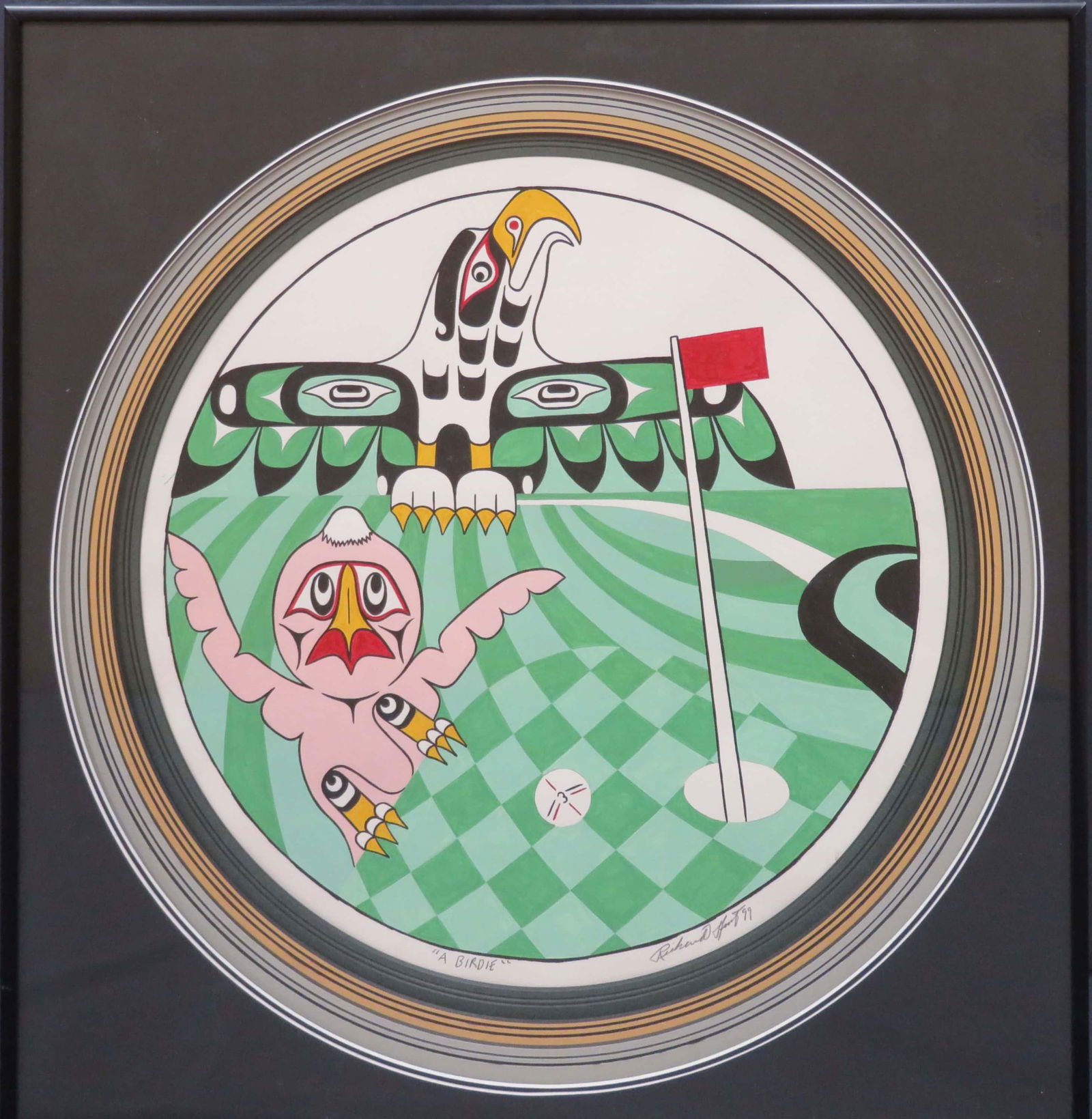 RICHARD HUNT, O.C., O.B.C. (b. 1951): Silkscreen on paper "A Birdie" shows a humorous side of a renown mask & totem carver featuring a Haida & golf imagery. Signed & titled in pencil to the margin, lengthy biography verso. Image size: 16"