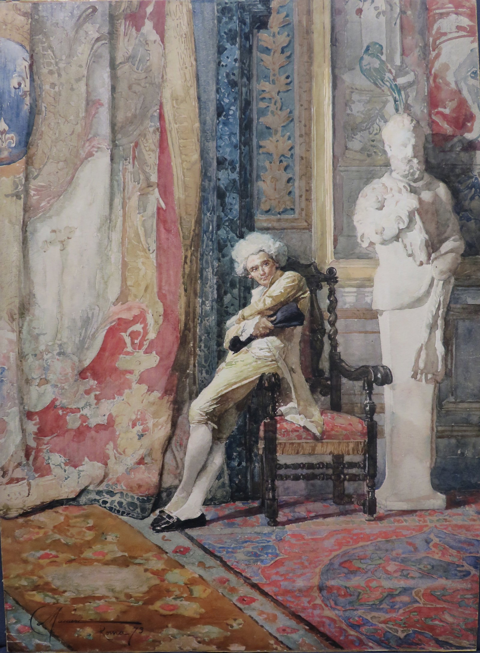 Cesare Maccari, (Italian, 1840-1919): Watercolour on paper laid down on cardboard showing a classically clad figure resting in an elaborate interior setting. Signed l/l, Image size: 19.5”x14.5” (unframed).