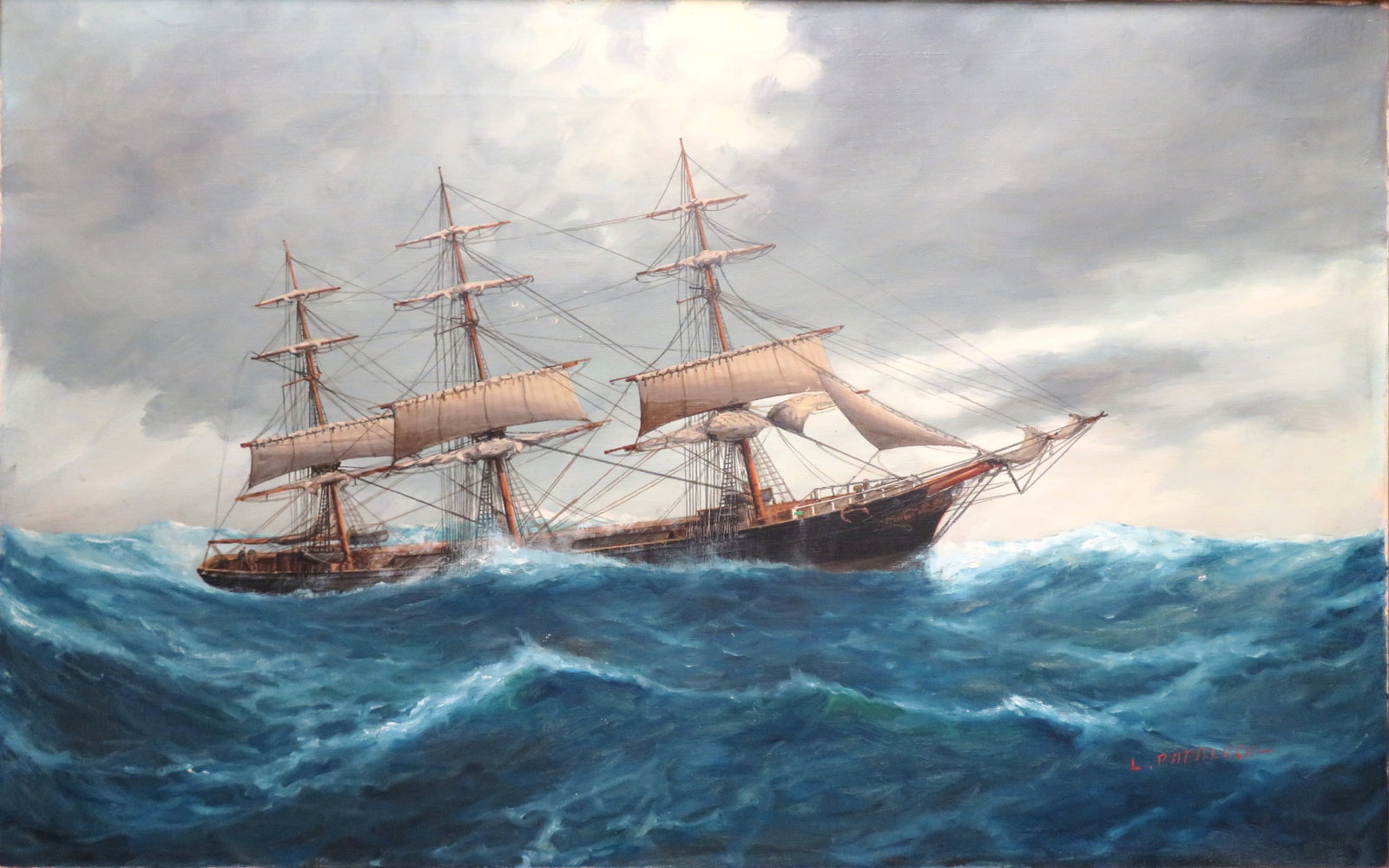 Luca Papaluca, (Italian, 1890-1934): Oil on canvas showing a 3-masted barque at full sail in rough seas. Signed l/r, image size: 20.5”x32.5” (Frame size: 24”x36”).