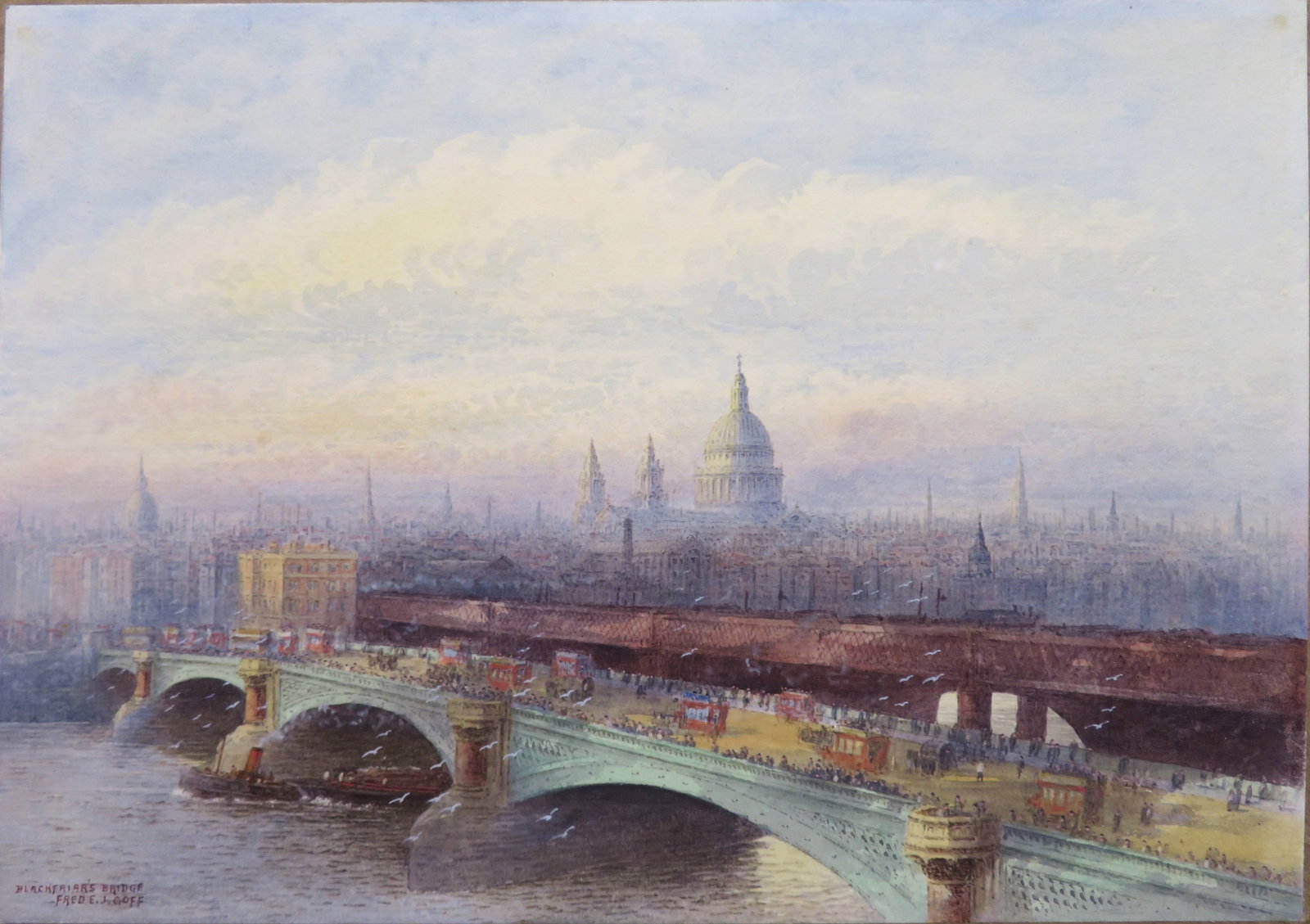 Frederick Edward Joseph Goff, (British, 1855-1931): Watercolour on paper titled: Blackfriars Bridge. Signed & titled l/l, image size: 8.5”x12”, unframed.