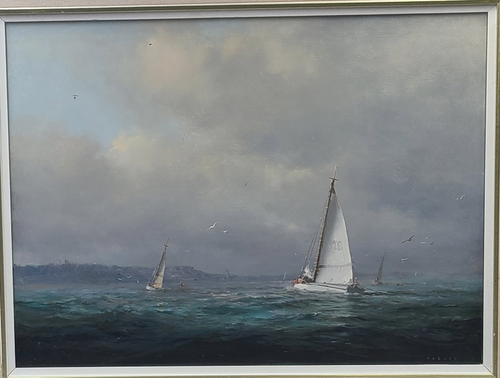 Dusan Kadlec, (Czech/Canadian, 1942 to 2018): Oil on board showing, seascape with boats at full sail, "Yacht Race" Signed l/r. Image size: 12”x16”.