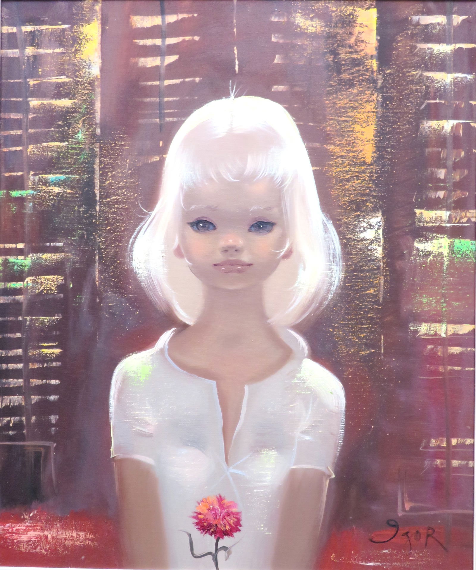 Igor Pantuhoff, (Russian, 1911-1972): Oil on canvas showing a typical 1960's portrait study of a big-eyed girl. Signed l/r, image size: 24"x20" (Frame size: 33"x29")