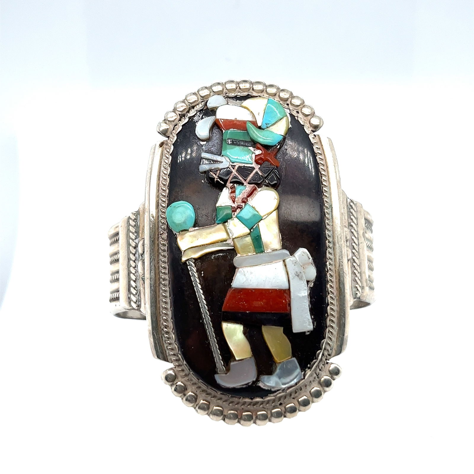 Bev Estate Zuni Kachina Turquiose, Shell, Coral, Jet & Sterling Cuff Bracelet (1 of 3)