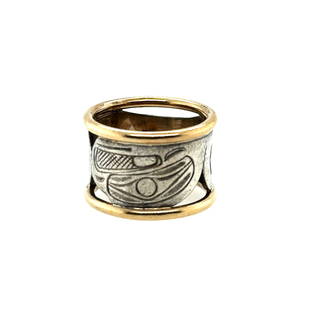 Gold & Silver Aboriginal Art Ring: This is a unique sterling silver band ringed with yellow gold and etched with aboriginal carvings. This ring is a size 7 and total weight is 8 grams. The ring shows some patina from age as can be