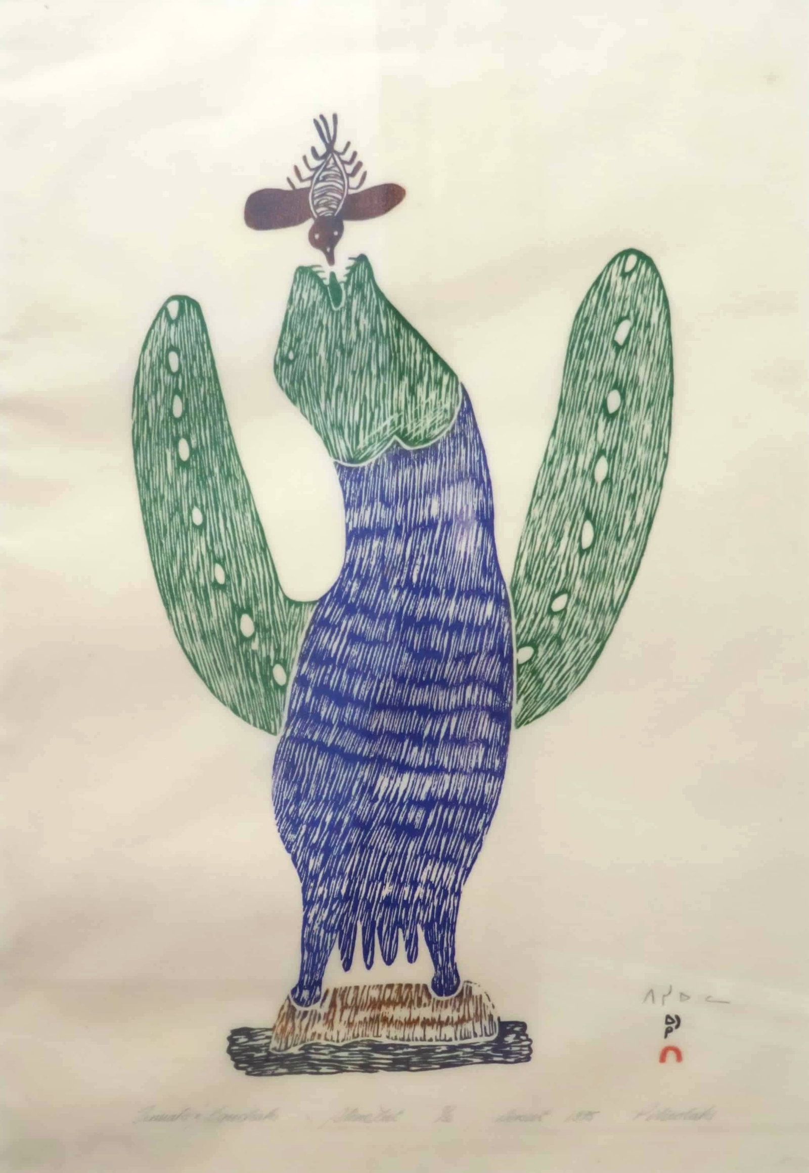 Pitseolak Ashoona RCA (Kinngait Cape Dorset, 1904-1983): Stonecut on paper titled: Timiak and Equchak. Signed, titled & numbered 5/50 in pencil. Image size: 24 x 17 inches, (Frame size: 29 x 21.5 inches)