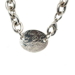 Tiffany & Co Choker Necklace 925 Silver: 925 Sterling Silver Tiffany & Co 18" neckalce with oval disc etched with wording. Back is stamped with Tiffany trademark and 925. Total weight is 60.6 grams.