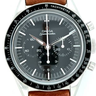 Omega Speedmaster Moonwatch Special Edition: Omega Speedmaster moonwatch special edition. Stainless steel case and bezel. Black dial with luminescent hands and numeral markers.Case size 39 mm. Manual wind. Scratch resistant sapphire crystal. Bro