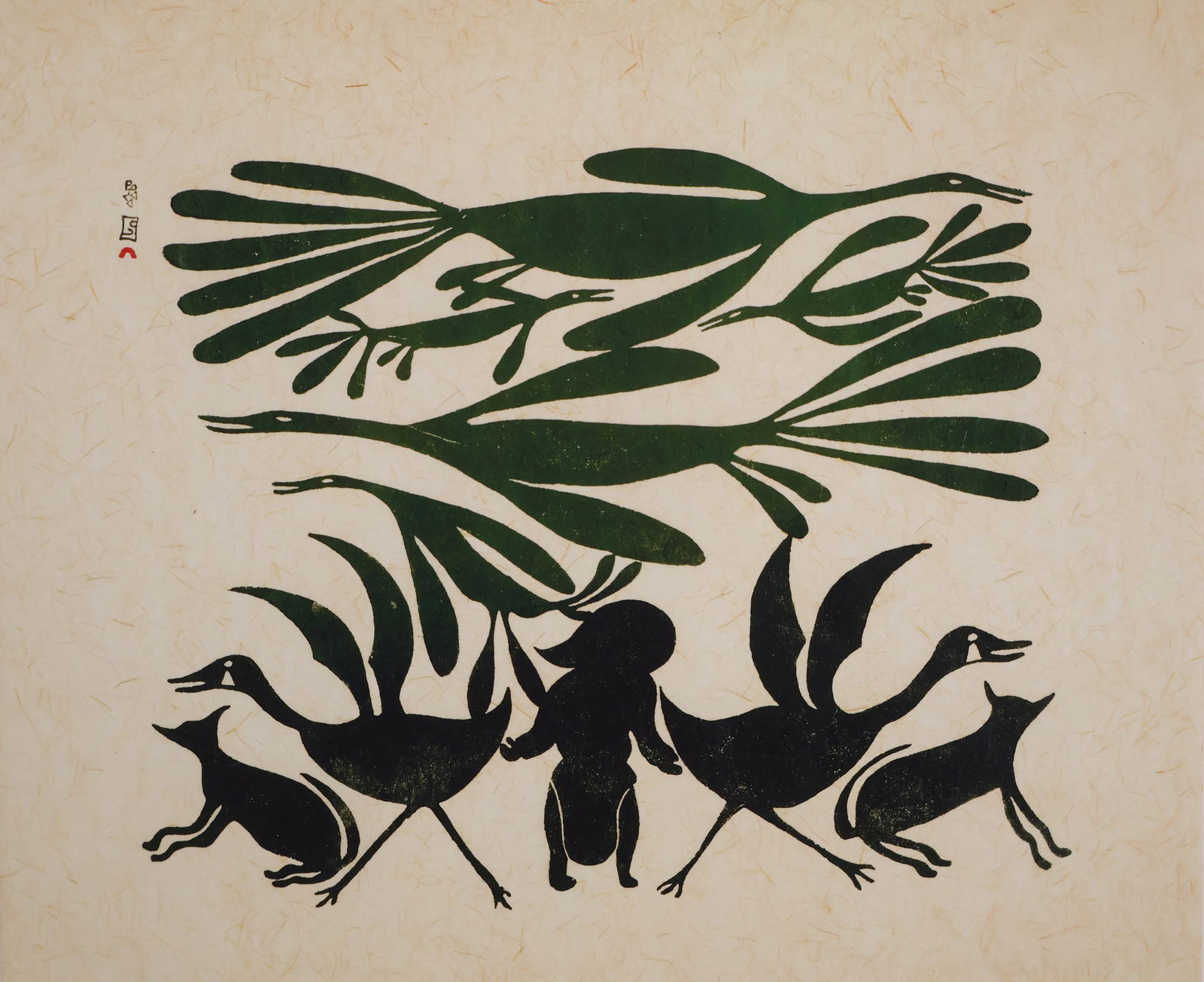 Kenojuak Ashevak CC, RCA (1927-2013), Kinngait (Cape Dorset): Stonecut on wove paper titled: Dream 1963 Signed in syllabics u/l and faintly inscribed l/l & l/r & dated. Image size: 8.75 x9.75 inches (Frame size: 14 x 15 inches).