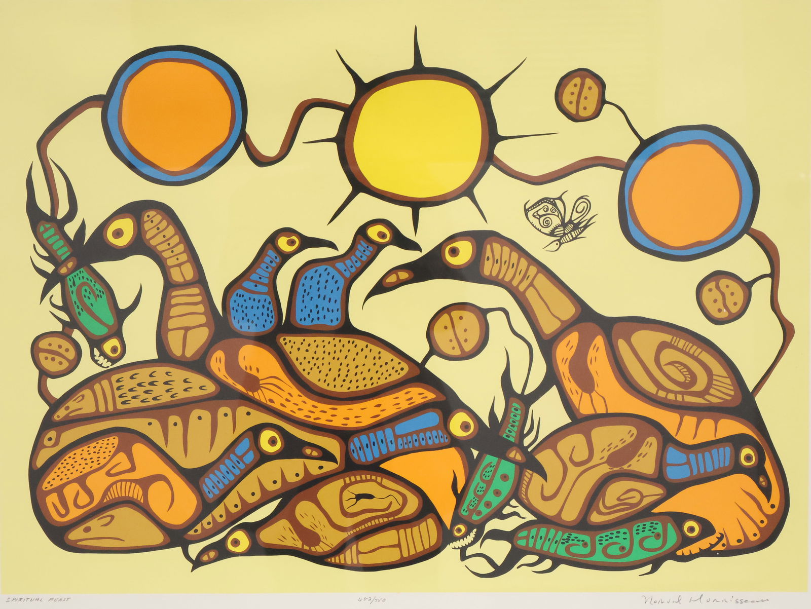Norval Morrisseau, CM, RCA (1932-2007), Anishinaabe (Ojibwe): Silkscreen on paper titled ‘’Spiritual Feast’’. Signed, titled & numbered 482/750 in pencil to the margin. Image size: 20’’x27’’ (Frame size: 30’’x36’’).