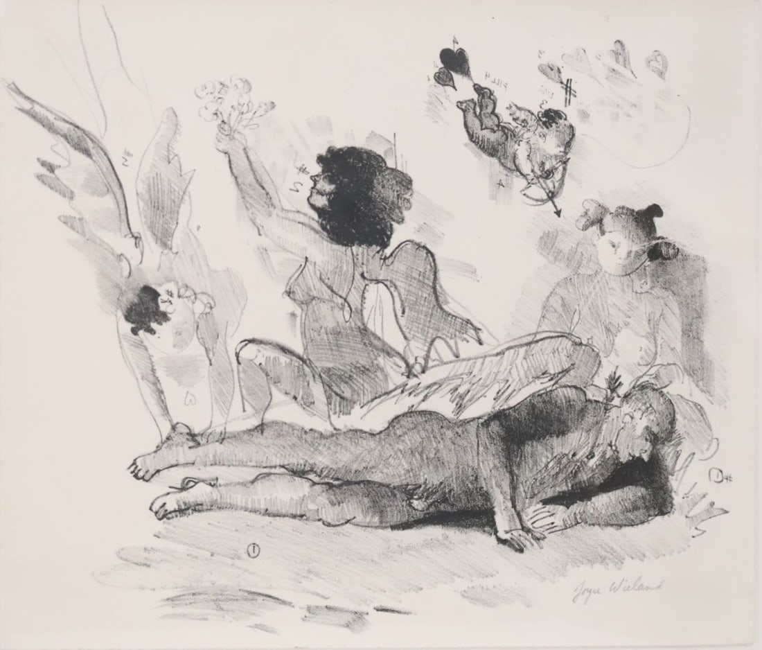 Joyce Wieland Canadian (1931–1998): Etching on paper showing a study of five angels. Provenance: Consigned by the Wieland estate. Signed in pencil l/r, Image size: 10.5’’x12’’ (Frame size: 17’’x19’’).