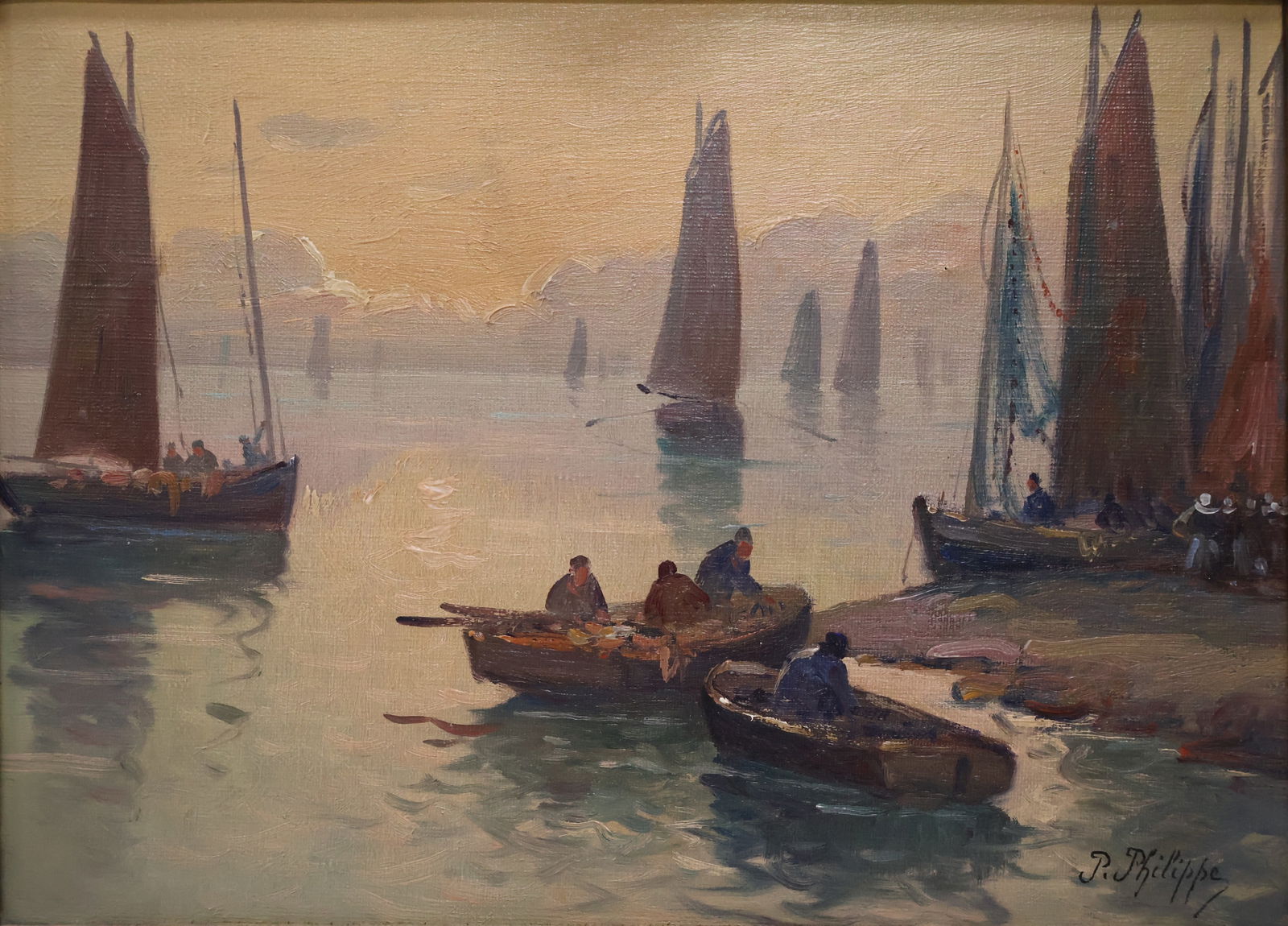 Paul Philippe, French (1870-1930): Oil on canvas showing fishermen returning with their catch. Signed l/r, titled indestincly verso. Image size: 9.5''x13'', (Frame size: 14''x17.5'')
