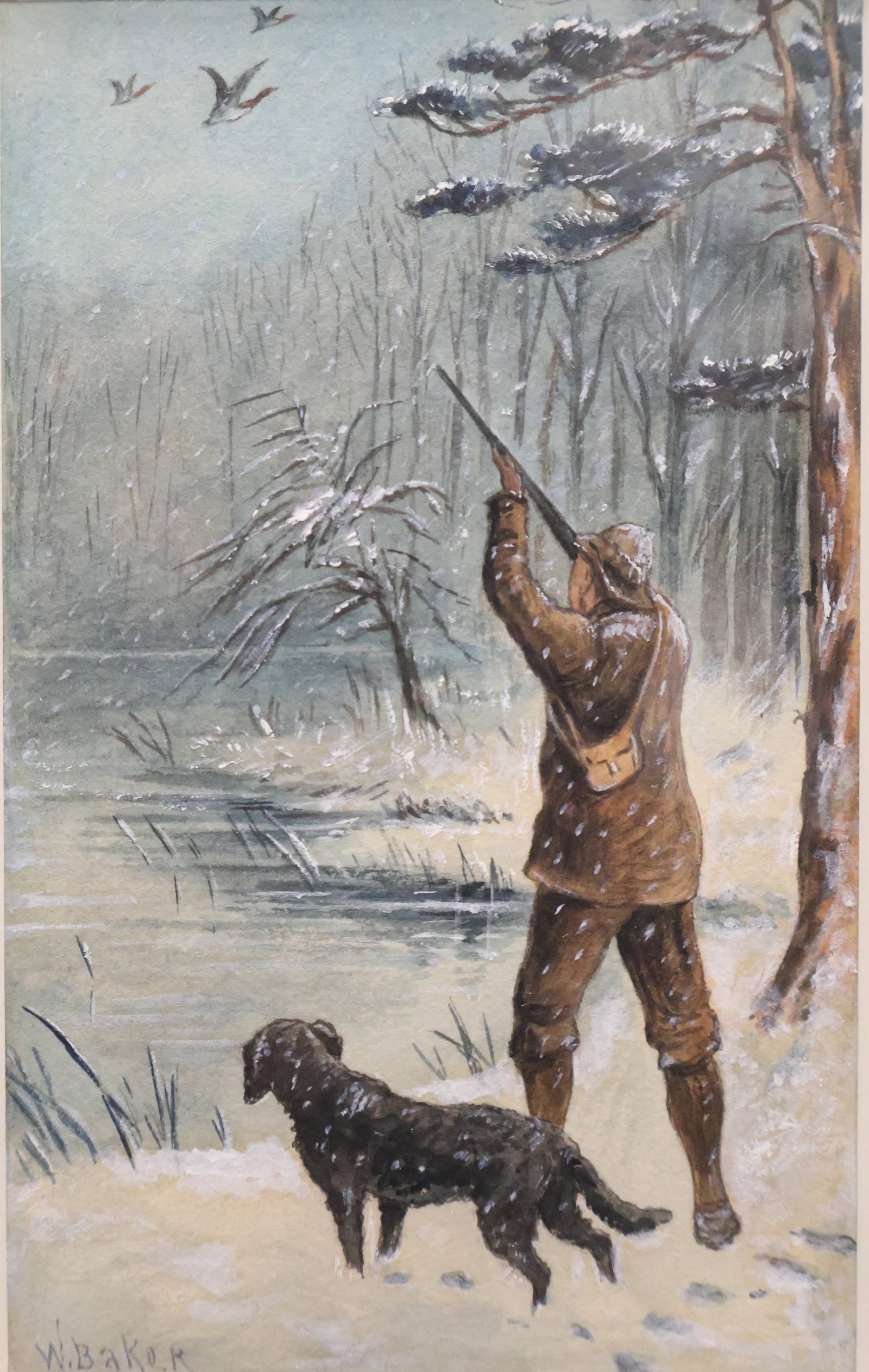 Walter Baker, Canadian (1859-1912): Watercolour on paper showing a winter scene with hunter and dog. Signed l/l, Image size: 5-1/2''x3-1/4'' (Frame size: 10''x8'').