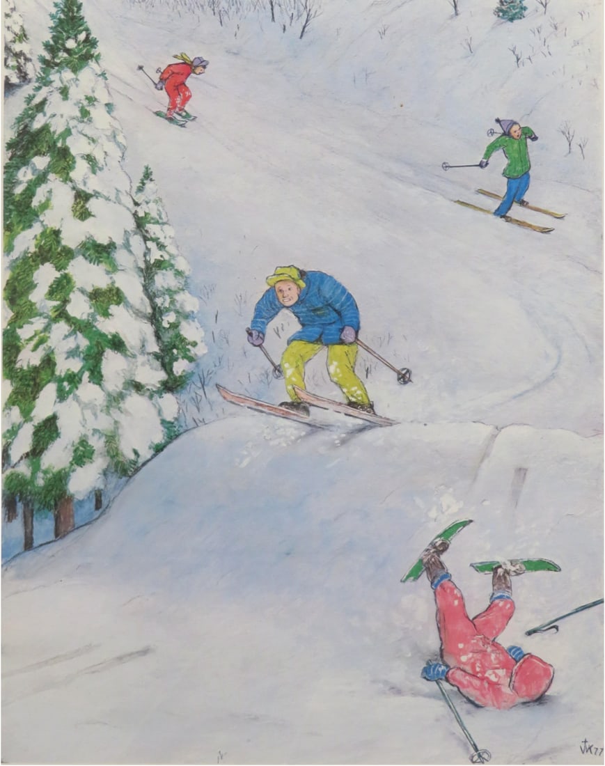 William Kurelek, (Canadian, 1927-1977): Colour lithograph from the Sports Portfolio titled ''Skiing''. Signed & numbered 69/225 in pencil to the margin. Image size: 12''x9-1/2'', (Frame size: 20''x17'').