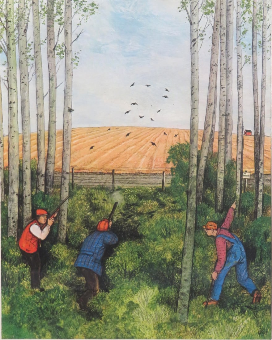 William Kurelek, (Canadian, 1927-1977): Colour lithograph from the Sports Portfolio titled ''Hunting''. Signed & numbered 69/225 in pencil to the margin. Image size: 12''x9-1/2'', (Frame size: 20''x17'').