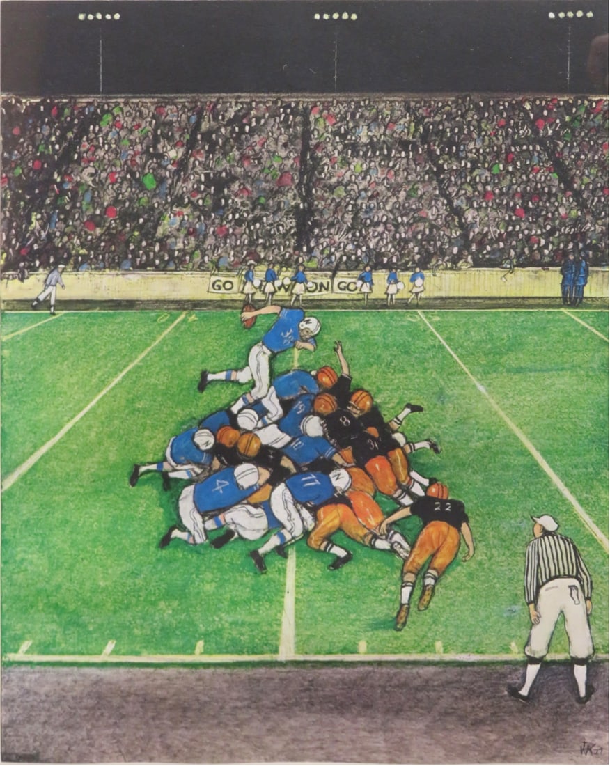William Kurelek, (Canadian, 1927-1977): Colour lithograph from the Sports Portfolio titled ''Football''. Signed & numbered 69/225 in pencil to the margin. Image size: 12''x9-1/2'', (Frame size: 20''x17'').