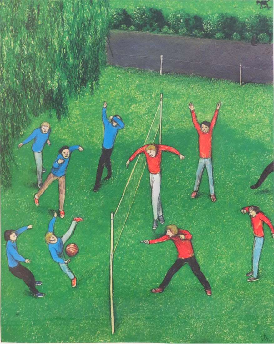 William Kurelek, (Canadian, 1927-1977): Colour lithograph from the Sports Portfolio titled ''Volleyball''. Signed & numbered 69/225 in pencil to the margin. Image size: 12''x9-1/2'', (Frame size: 20''x17'').