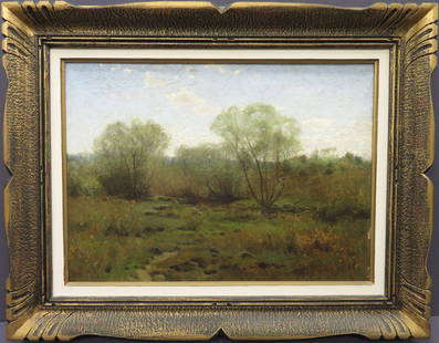 William Bliss Baker, (American, 1859-1887): Oil on canvas showing a summer pastoral scene. Signed l/l, image size: 16’’x22’’, (Frame size: 23’’x29’’). Minor paint flaking l/r.