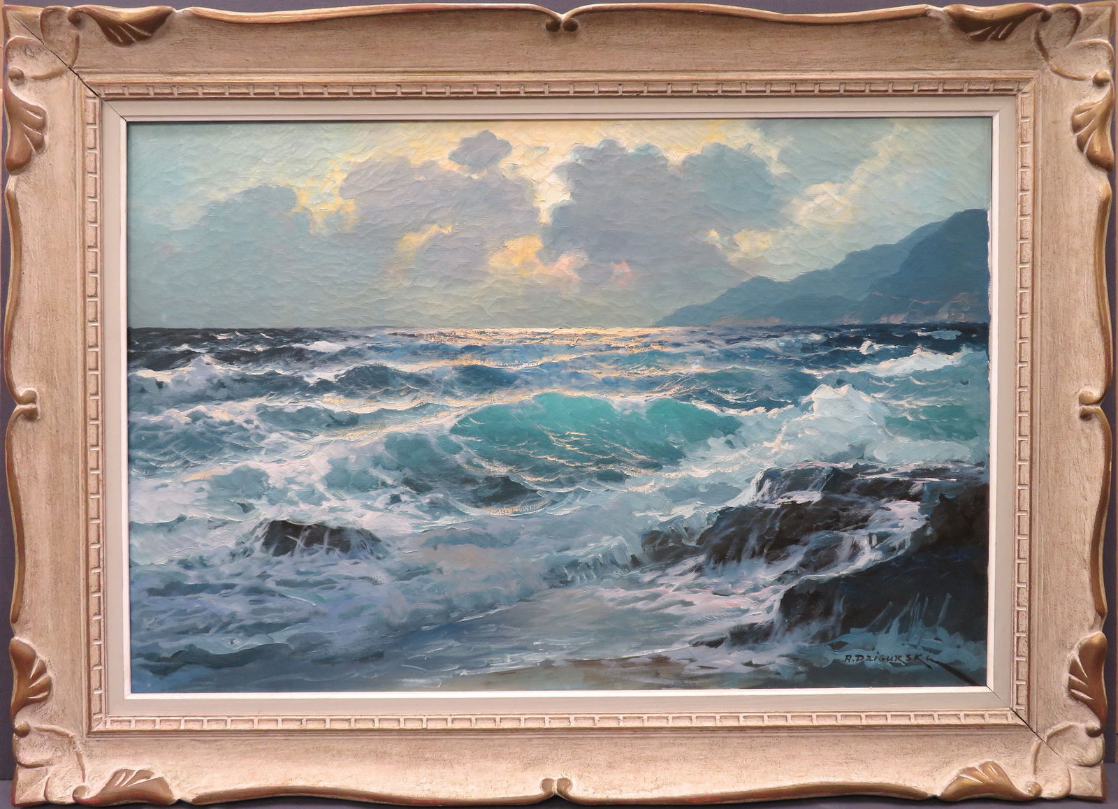 Alexander Dzigurski, (American, 1911-1995): Oil on canvas showing a seascape titled: ‘’Prelude to Night - California’’. Signed l/r, titled to gallery label verso. Image size: 24’’x36’’, (Frame size: 32’’x44’’).