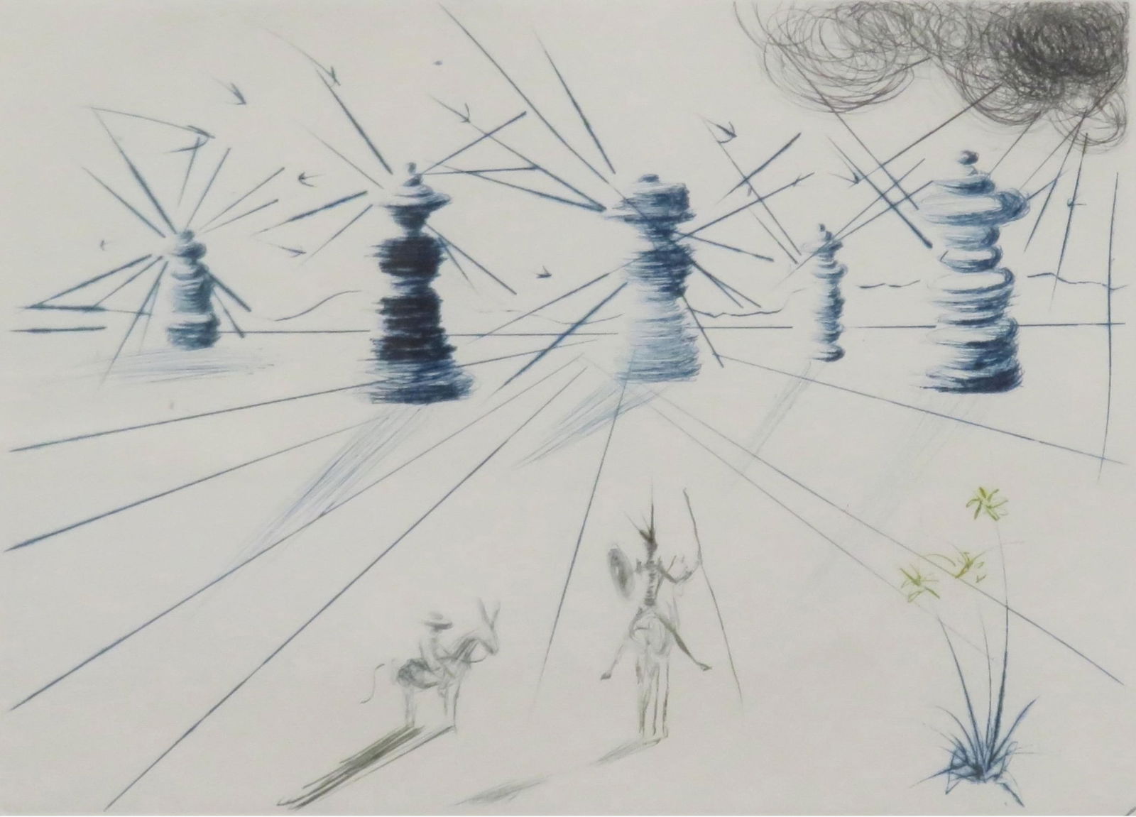 Salvador Dalí (Spanish, 1904 – 1989): Colour drypoint etching on paper titled: ‘’Don Quichotte et les moulins à vent, 1969’’. Signed l/r & numbered 63/200 l/l. Image size: 6’’ x 8-?’’, (Frame size: 16-½’’x18-&f