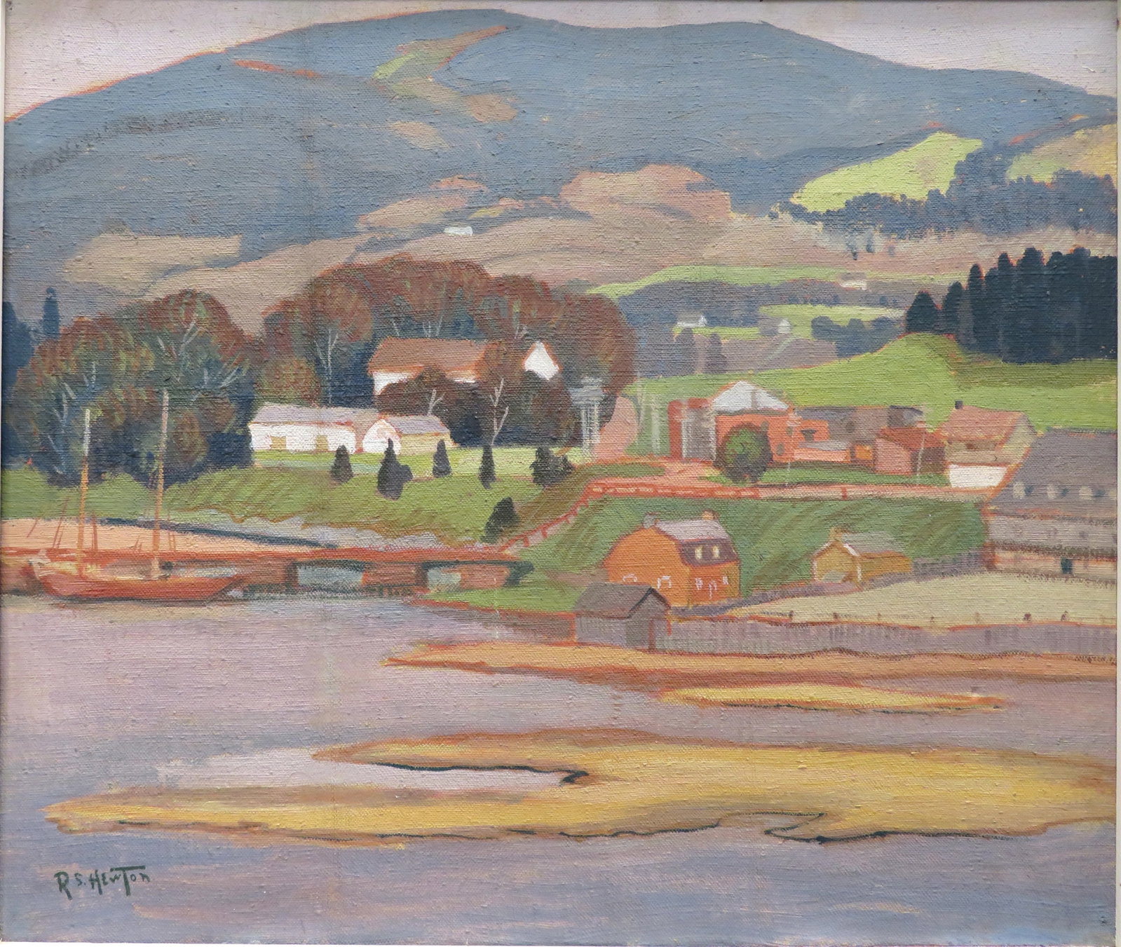 Randolph Stanley Hewton, Canadian, (1888-1960): Oil on canvas showing a tranquil village scene on the shoes of a waterway with a hilly landscape to the background. Signed l/l. Image size: 12’’x14’’ (Frame size: 19-½’’x21-½