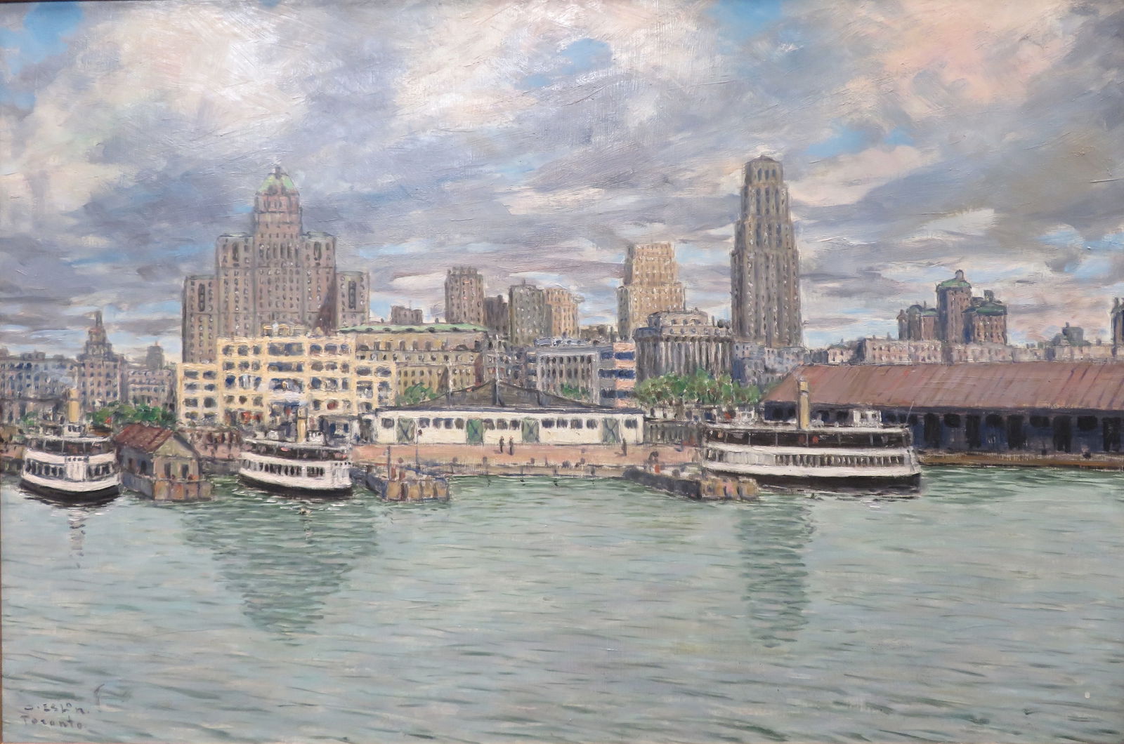 Osvald Eslon, (Canadian/Estonian, 1895-1961): Oil on masonite showing Toronto from lake Ontario including Ferry Terminal, St. Lawrence Market, Royal York Hotel etc. Signed l/l & titled ‘’Toronto’’. Image size: 24’’z36’’ (Frame siz