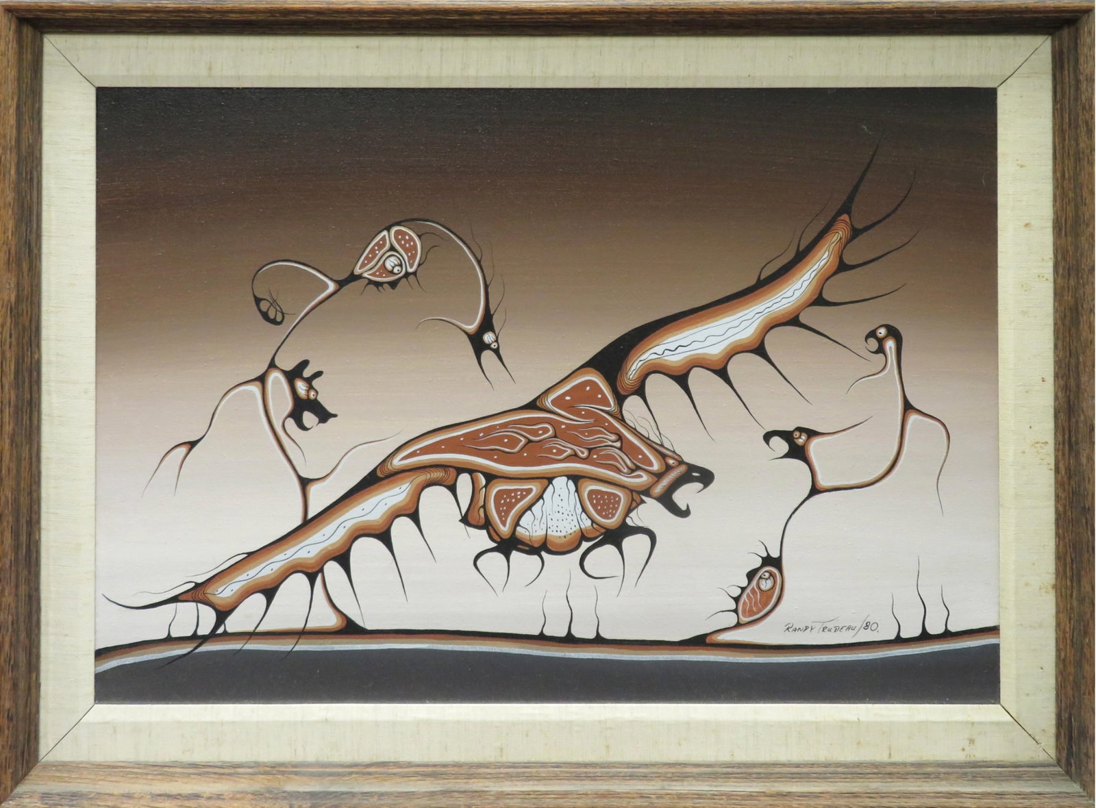 Randy Trudeau, (Canadian Inuit, 1954-2013): Acrylic on canvas showing Eagle & Spirits. Signed & dated 1980 l/r. Image size: 20’’x30’’ (Frame size: 25’’x35’’).
