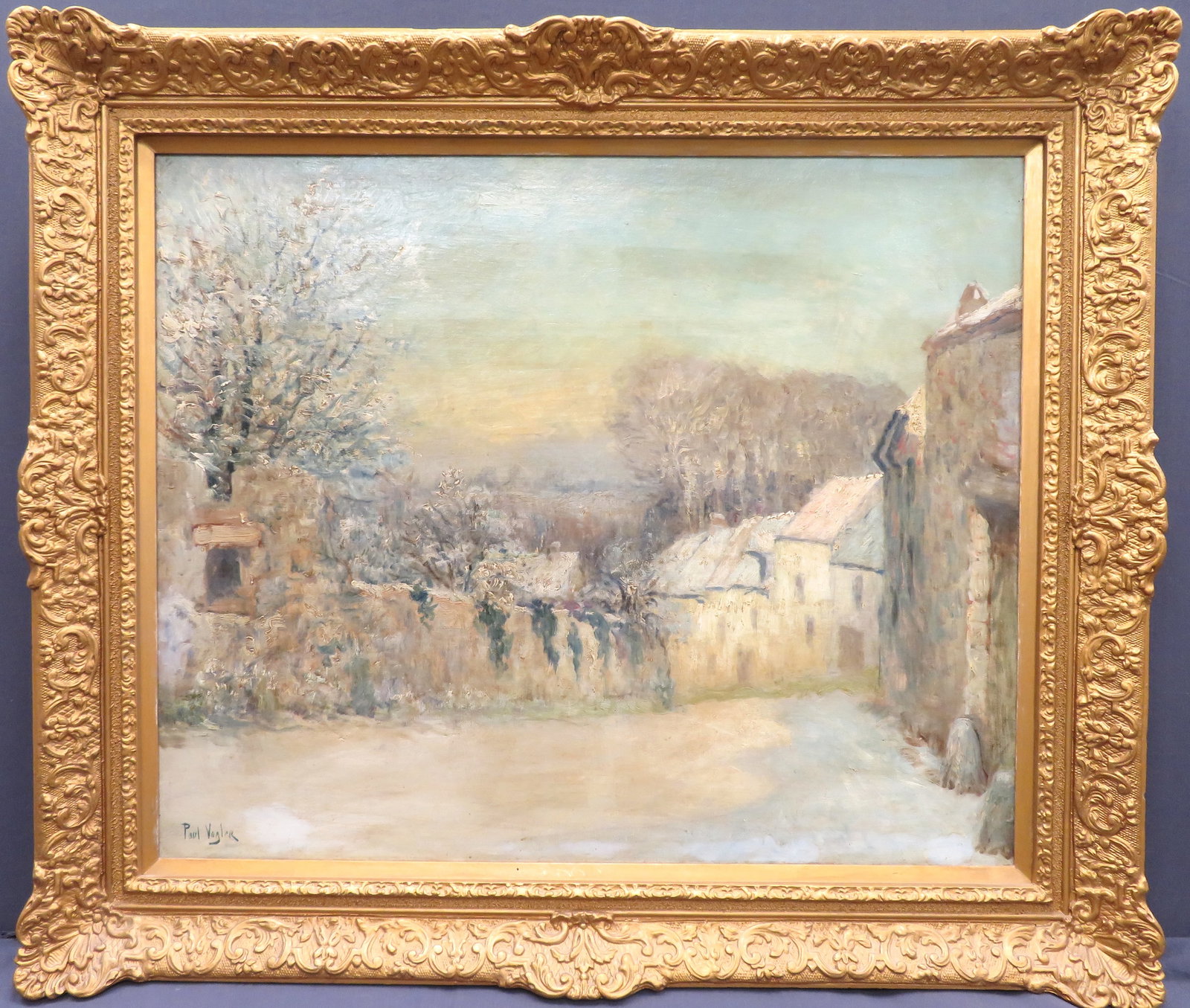 Paul Vogler, (French, 1852-1904): Oil on canvas showing a courtyard setting in winter. L’Art Francais & Fraser Brothers gallery labels verso. Image size: 23’’x29’’ (Frame size:30’’x35’’)