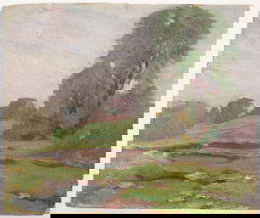 John William Beatty, OSA, RCA Canadian (1869-1941): Oil on board titled ''Autumn Moring, Alcoma'' showing a river landscape with farmhouse to the background. Titled to a Garfield Galleries label verso. Image size: 10x12in unframed. Condition noted: som