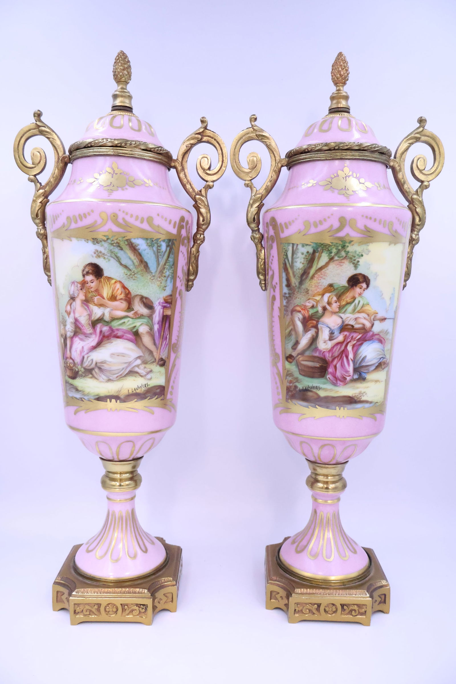 Pair of antique hand painted Sevres style porcelain covered urns. (1 of 7)