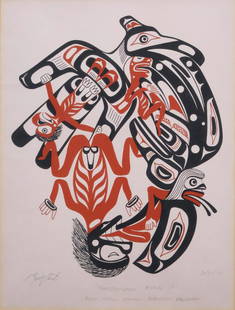 Tony Hunt Sr, Canadian, (1942-2017): Screenprint on paper titled, ‘’Transformation Mural II’’. Signed l/l, numbered 30/50 & dated 1976 l/r.